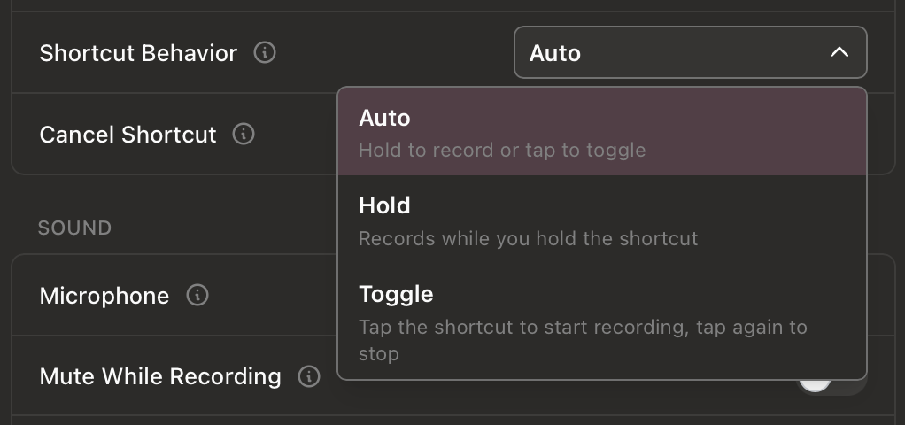 快捷键行为设置：Auto / Hold / Toggle 三种模式