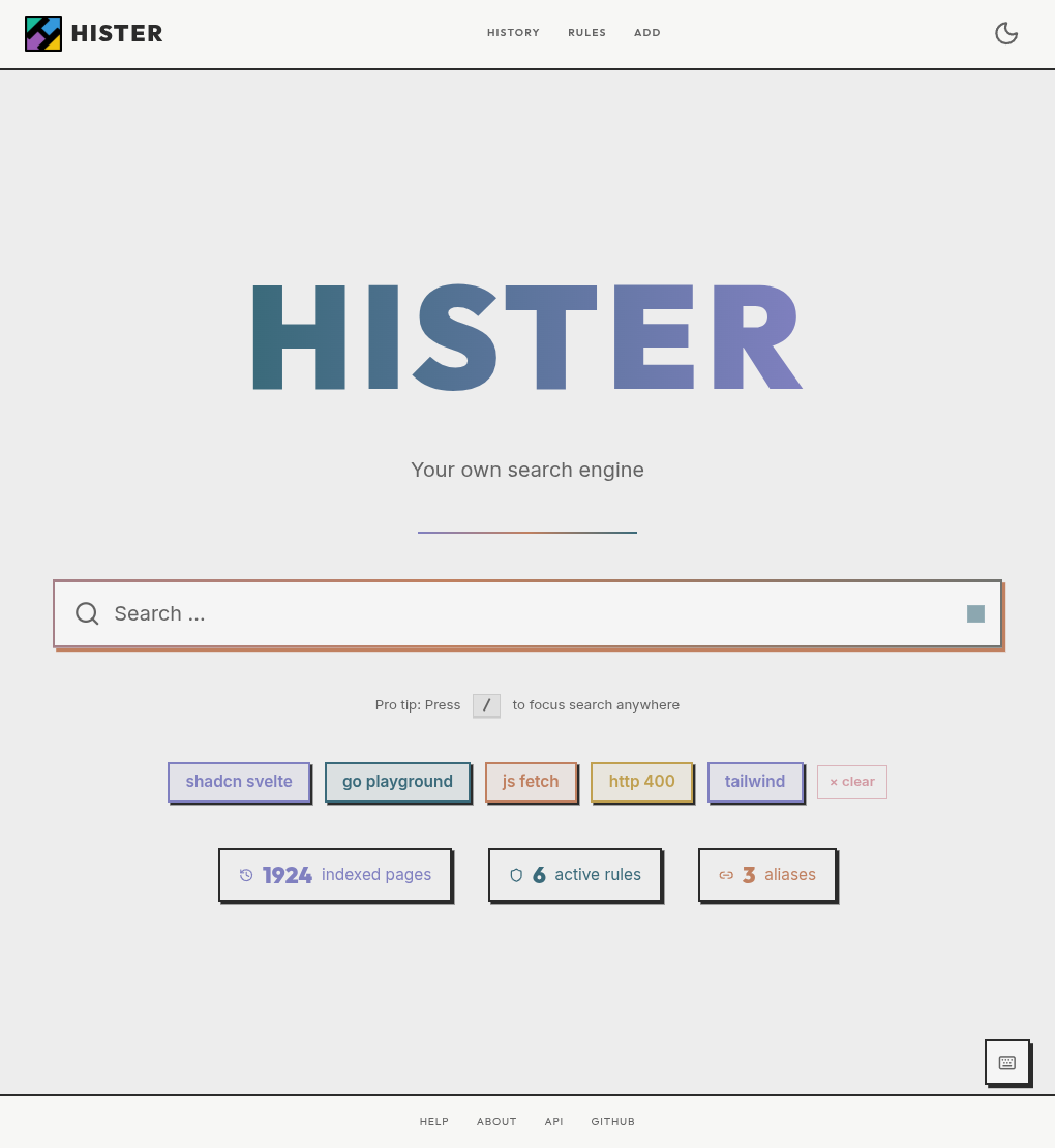 Hister 主页：搜索框、快捷示例与索引统计