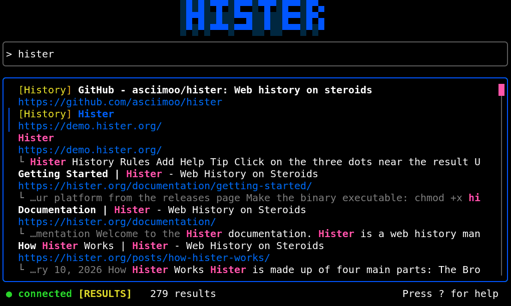 Hister 终端界面：TUI 里直接搜索，结果带高亮与摘要