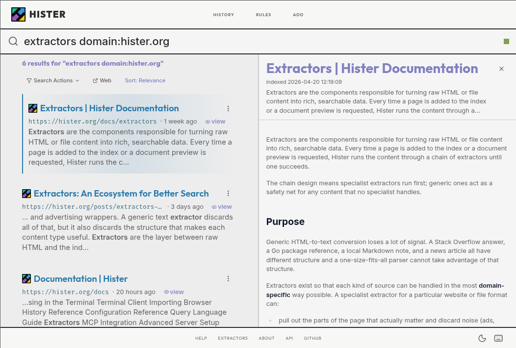 Hister 网页界面：用 domain: 过滤后的搜索结果，右侧是内容预览