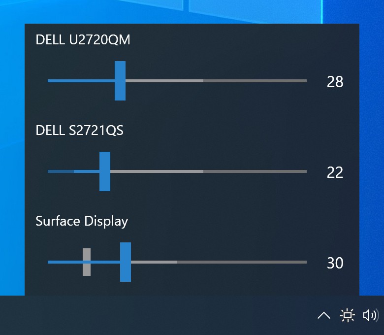 Monitorian 主界面：三台显示器各一条亮度滑块