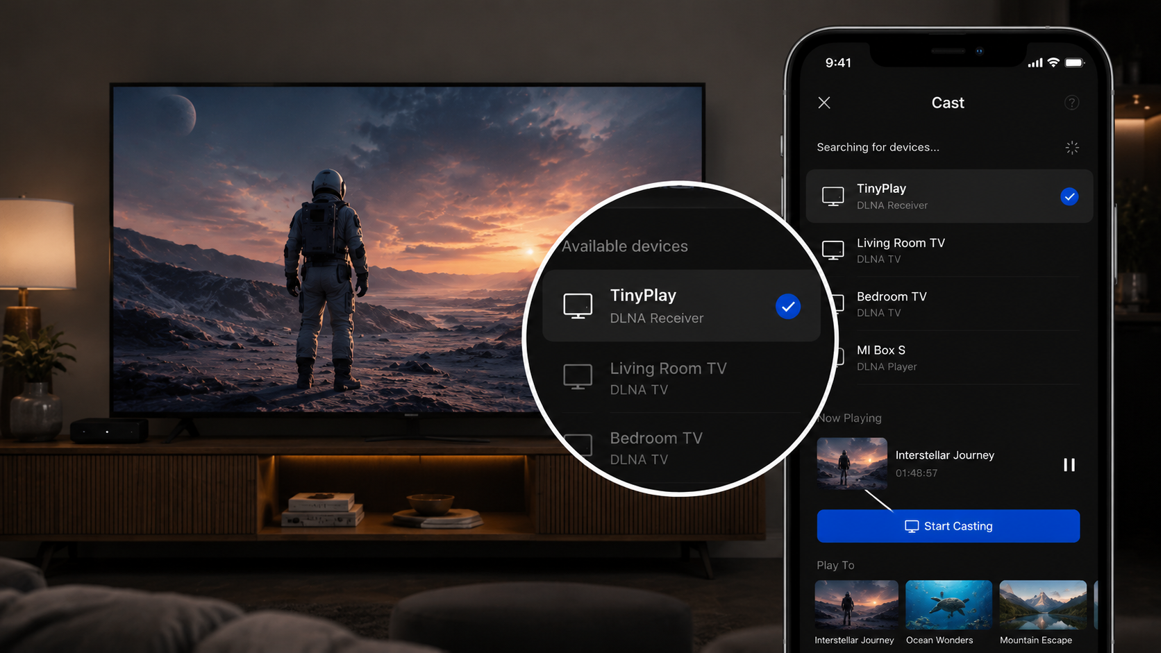 DLNA 投屏：手机把内容投到 TinyPlay，遥控器依然可用